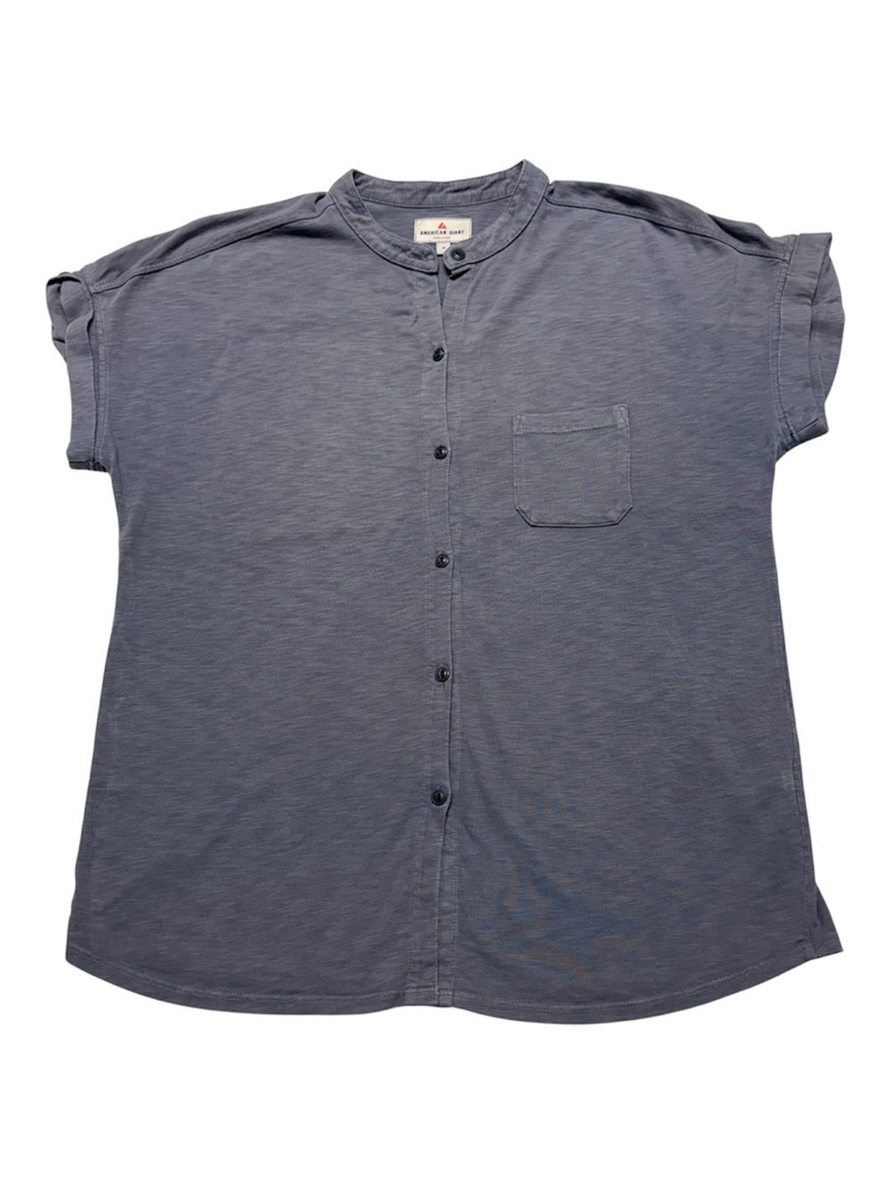 American Giant Slub Knit Button Shirt Mandarin Collar Short Sleeve Blue Size M